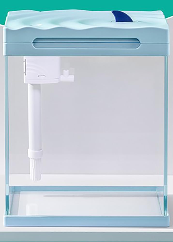 Acuario Silencioso De Vidrio De Dormitorio, Kits De Tanques De Pescado Betta Transparentes HD, 21.5 × 21.5 × 26 Cm, Arranque De Acuario De Autolimpieza De Escritorio,Azul