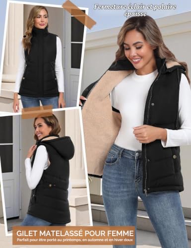 Tuopuda Manteau Femme sans Manche, Veste sans Manche Polaire Chaud Automne Hiver Gilet sans Manche à Capuche Amovible Hooded Coat Zippée Waistcoat avec Poches Slim Fit, Noir, L – vue 2