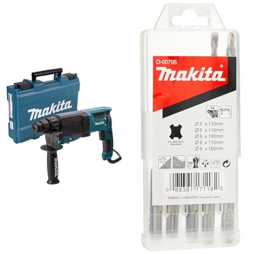 Perforateur burineur SDS+ 800 W 26 mm en coffret - MAKITA HR2630 & D-00795 Set 5 forets pour maçonnerie Sds-Plus Standmak 5X110, 6X110, 6X160, 8X110, 8X160 Mm