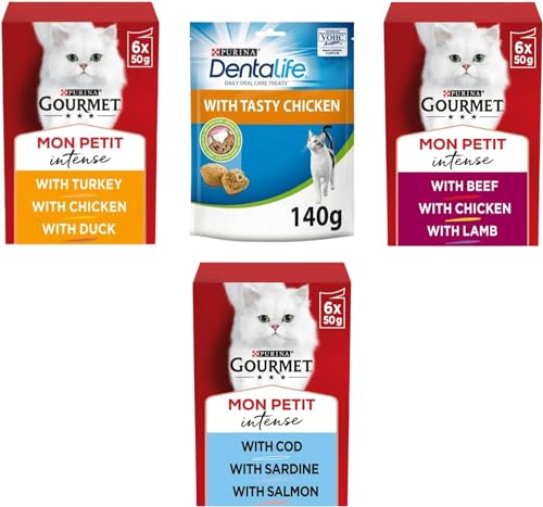 Gourmet Mon Petit Cat Food - 18 x 50g Turkey, Chicken, Duck, Cod, Sardine, Salmon, Beef, Chicken and Lamb Bundled with 1 x Daily Oral Care Treats 140g