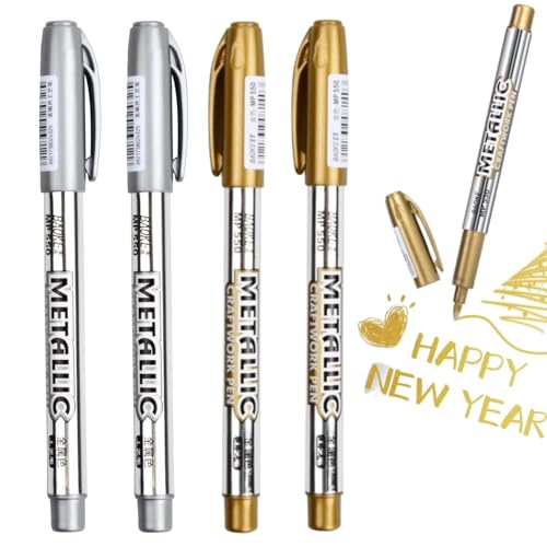 ZHAOYCSH Rotuladores Metálicos Permanentes,Pack de 4 (2 Dorado + 2 Plateado) - Marcadores de Tinta Acrílica para Metal, Cristal, Plástico y Más - Punta Fina para Escritura Precis en Superficies Lisas