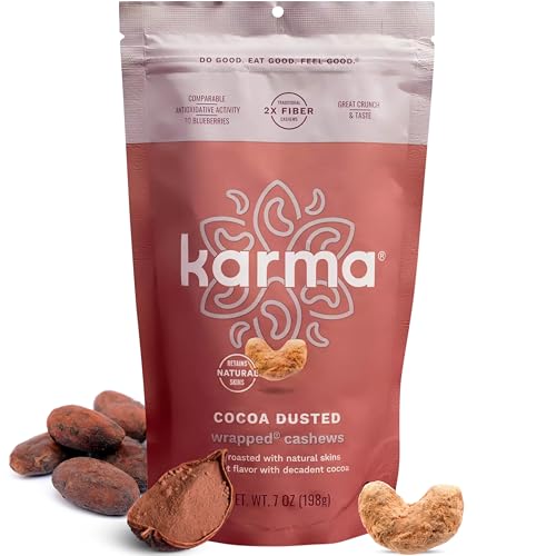 Image of Cocoa Dusted Wrapped Whole Cashews by Karma Nuts, Lightly Sweetened, Air Roasted with Natural Skins, 2X more Fiber, Peanut-Free Facility, Kosher, Everyday Nut Snack, 7oz Resealable Bag - 6 pack