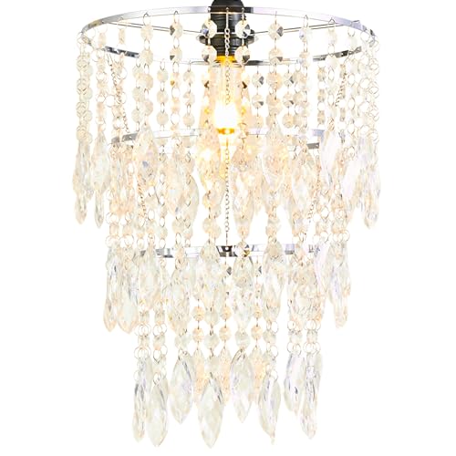Hi-ERA Crystal Lamp Shade, Acrylic Chandelier Shades, Ceiling Light Shade Faux Chandelier for Bedroom, Beaded Chandelier Height 14.17inch, 3 Tiers, Clear