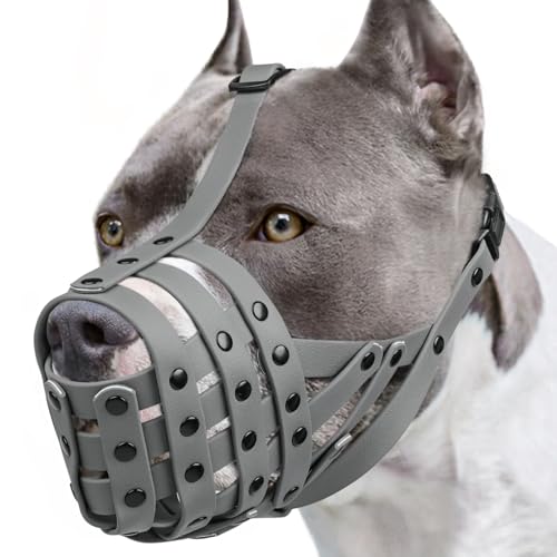 Image of Mayerzon Pitbull Dog Muzzle for Large Medium Dogs Prevent Biting Scavenging | Fits Rottweiler Amstaff Broad-nosed Breed, Sturdy Breathable Basket, Training Walking Use, Allows to Drink | Grey, L