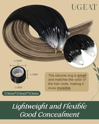 Ugeat Micro Ring Hair Extensions for Long 22 Inch Human Hair Micro Loop Extensions Natural Black to Dark Brown Mix Caramel Brown Ombre 50G/50S #1B/4/27 - Image 3