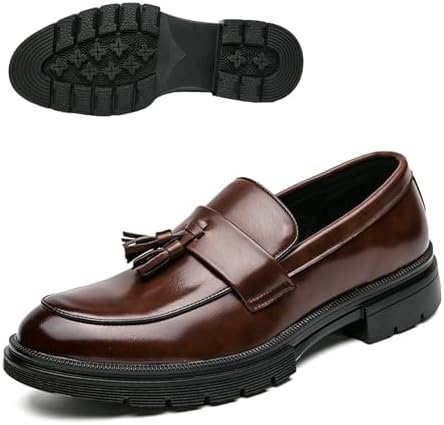 Men's Fashion Tassel Platform Loafers Comfortable Wide Round Toe Slip on Lug Sole Low Block Heel Business Dress Shoes Non-Slip Work Office Casual Shoes