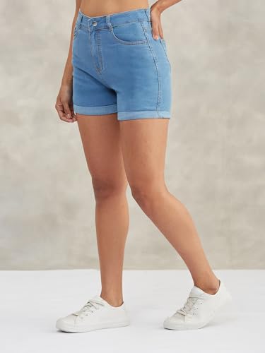 Image of Dolce Crudo Women's Relaxed Fit Mid-Rise Denim Shorts with Adjustable Waist & Frayed Hem
