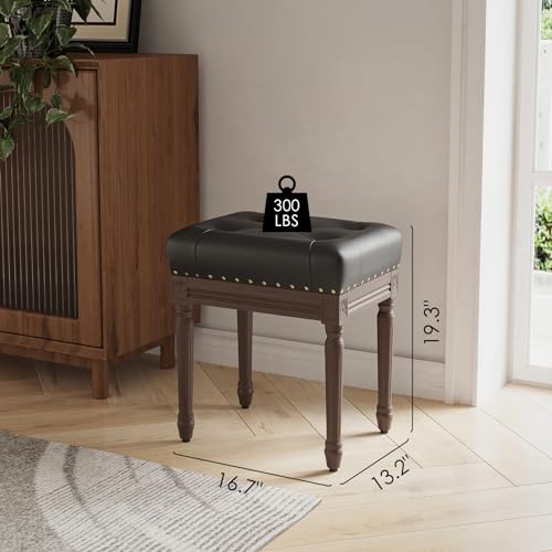 Vanity Stool, 19\" Ottoman Bench for Bedroom, Tufted Vanity Chair for Makeup Room, Faux Leather Ottoman Stool with Vintage Wooden Frame, Small Bench for Living Room Dining Room, Foot Stool Foot Rest