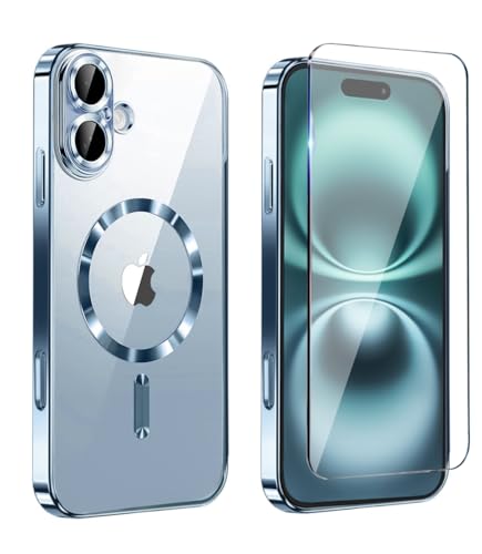Image of Magnetic Glossy Case for iPhone 17,iPhone17 Phone Case Slim Clear Luxury with Screen Protector & Camera Protector [Compatible with MagSafe], Shockproof Cover for iPhone Case 17-Blue