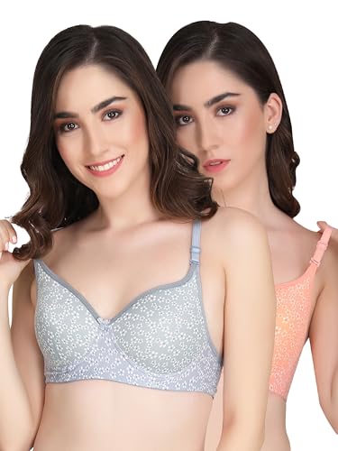 Image of Women Printed Padded Bra - Made of Pure Cotton Full Coverage Non Wired Seamless Pushup Soft Cup for T-Shirt Saree Dress and for Everyday