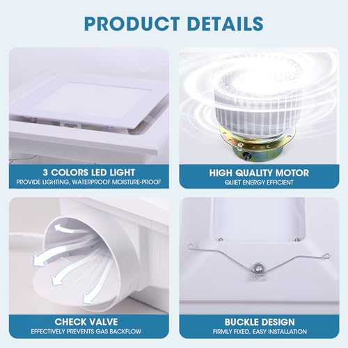 Image of Bathroom Exhaust Fan with 3CCT LED Light, Ultra-Quiet 1.0 Sone