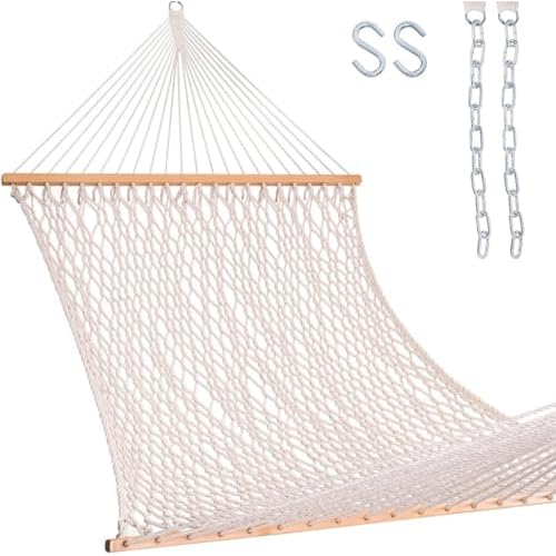 Lazy Daze Hammocks 12FT Double Rope Hammocks, 2 Person Hand Woven Cotton Hammock with Spreader Bar for Outdoor, Indoor, Patio, Poolside, FIT 13-15 Foot Stand, Max 450 Lbs, Natural, 141 x 57