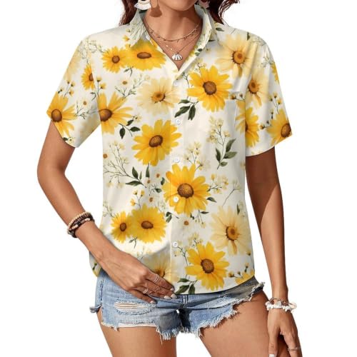 Womens Watercolor Yellow Daisies Light Background Blouse Summer Short Sleeve