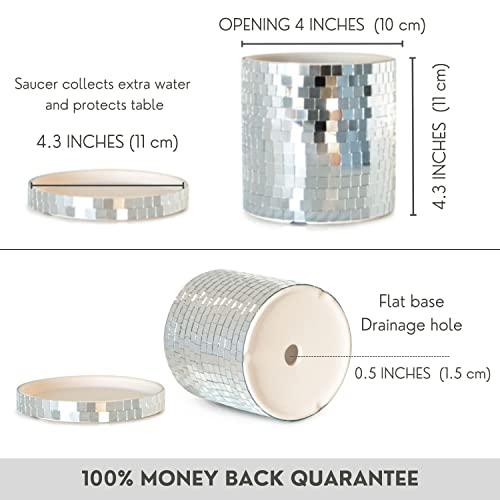 Scandinordica Disco Ball Planter Pot - 4.3 Inch Mirror Disco Ball Vase, Disco Planter, Ceramic Planter Pots Indoor With Drainage Hole And Saucer,House Plant Pots For Indoor Plants | 0.3" Mirror Tiles #TOP5