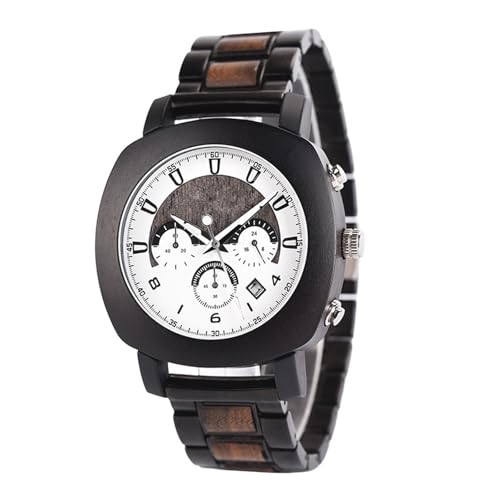 Montre en bois pour homme ébène acier inoxydable chronographe chiffres arabes