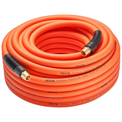 VEVOR Air Hose 1/2 x 100FT Hybrid Air Compressor Hose 300 PSI Kink-Resistant Pneumatic Hoses with 1/2-inch Solid MNPT Bras Fittings Three-Layer Construction All-Weather Flexibility