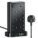 Tower Extension Lead with USB C Slots, 12 Way Multi Plug Socket Extension with 6 USB Ports, Overload Protected Extension Lead with 4 Switch Tower Extension Cable 1.8m for Home Kitchen Office - Image 1