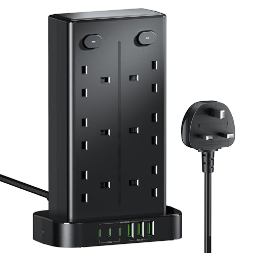 Tower Extension Lead with USB C Slots 12 Way Multi Plug Socket Extension with 6 USB Ports Overload Protected Extension Lead with 4 Switch Tower Extension Cable 1.8m for Home Kitchen Office