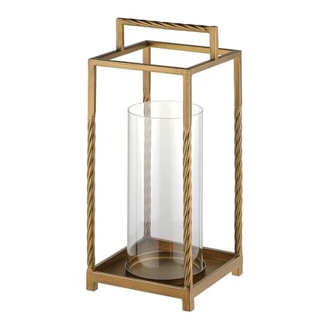 Modern Metal Lantern with Contrast Frame with Glass Cylinder (Brass, 6.4"x15.7") Cover