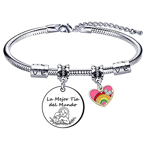 Lumengqi Pulsera con Grabado Colgante: La mejor tía del mundo Regalos de cumpleaños para Mujer Pulsera de Plata