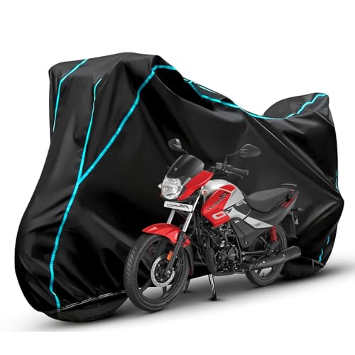 Image of Waterproof Bike Body Cover Compatible with Hero Passion Pro Dustproof Scratchproof - Motorcycle Cover for Two Wheeler, Outdoor Full Cover with UV, Duty, Rain Protection (Black & Aqua) R1