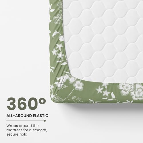 Image of LORETO - A QUALITY LINEN BRAND 144 TC 100% Pure Cotton King Size Fitted Bedsheet with 2 Pillow Covers for 72 x 72 Inch Mattress, All-Around Elastic, 8 Inch Deep Pocket, Olive Green Floral Elegance