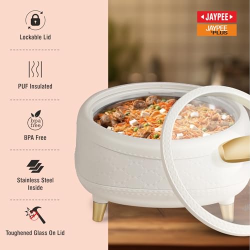 Image of JAYPEE Kingston Klass Stitched Leather Luxurious Outer & Inner Stainless Steel Casserole Set of 3 with Glass Lid (1500+2000+2500) ml PUF Insulated Serving casserole Set Roti Box Hot Box BPA Free,White