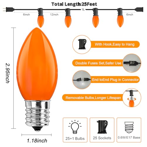 Image of C9 LED Orange Halloween String Lights 25Ft Outdoor Christmas Decorations Lights with 26 LED Shatterproof Orange Bulbs, Hanging Christmas Lights for Outdoor Patio Roofline Backyard Party Garden Lawn