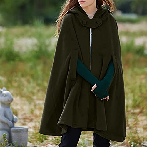 Black Rain Jacket Women,Hooded Medium Cape Winter Vintage Overcoat Fashion Button Cloak Woolens Flee
