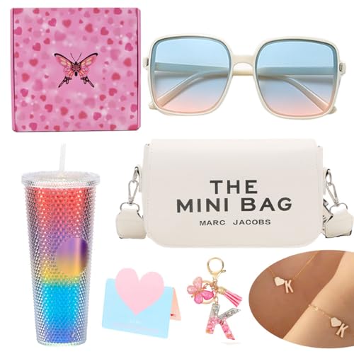 BSTcentelha Regali di compleanno personalizzati per ragazze di età compresa tra 8 e 18 anni | Bottiglia d'acqua arcobaleno,Occhiali da sole,Portachiavi, Borsa a Crossbody Chic,Scatola regalo a tema