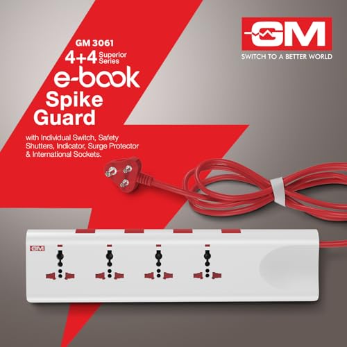 Image of GM 3061 E-Book Power Strip | 4 Universal Sockets + Individual Switches | 2m Heavy-Duty Cord | Thermal Trip Overload Protection | LED Indicator | Child Safety Shutters