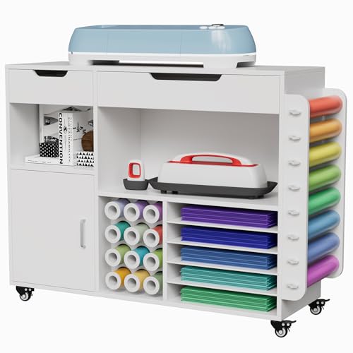Craft organization and storage Cart Compatible with Cricut Machine, Rolling Craft Organizer With lDual Drawers & Cabinet Door, Vinyl Roll Holder, and Spacious Compartments (Extra Large)