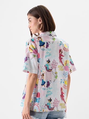 Image of The Souled Store Official Disney 100: Classic Women and Girls Short Sleeves Collared Neck Button Front White All Over Printed Casual Summer Ready Easy to Style Cotton Boyfriend Shirts