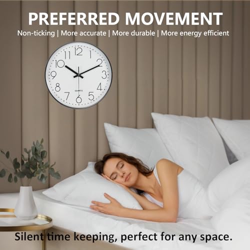 Image of Wall Clock, Silent Wall Clocks Battery Operated 10 Inch Modern Non Ticking Analog Clock with Large Numerals Tempered Glass Clocks for Bedroom, Living Room, Kitchen, Office Decor, White Black