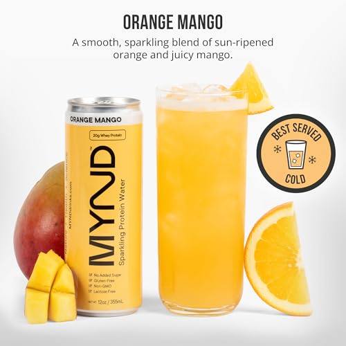 Image of MYND Sparkling Protein Water, Clear Protein Drink - 20g Whey Protein Isolate Per Can, 12 Pack - Lactose Free, Gluten Free, No Added Sugar - Ready-to-Drink Carbonated Protein Drinks - Orange Mango