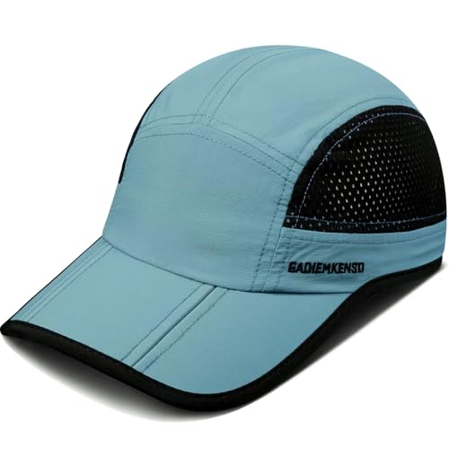 GADIEMKENSD Folding Running Men Hat Summer Quick Dry Womens Mens Baseball Caps Unstructured Breathable Light Adjustable Trucker Hats Long Brim Golf Cap for Outdoor Sport Hiking Gym Sky Blue