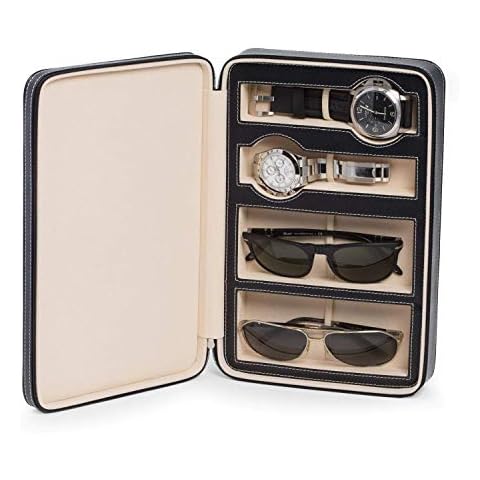 Bey-Berk Custom Personalized Black GENUINE LEATHER two watches and two sunglasses/eyeglasses travel case with form fitting compartments Cover