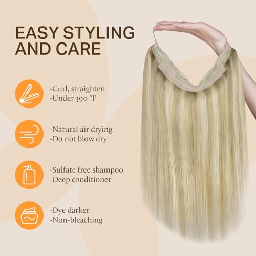 Image of DOORES Wire Hair Extensions 12 Inch 70 g Remy Human Wire Hair Extensions Invisible Transparent Line Adjustable Hairpieces Secret Balayage Light Blonde Highlighted Golden Blonde