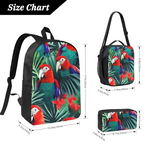 Tropical Flower Parrot print Backpack Bookbag for Daily Use,3 Pcs Backpack Set with Lunch Box and Pencil Case4