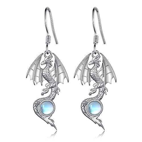 Boucles d'oreilles dragon en argent sterling 925 et pierre de lune véritable