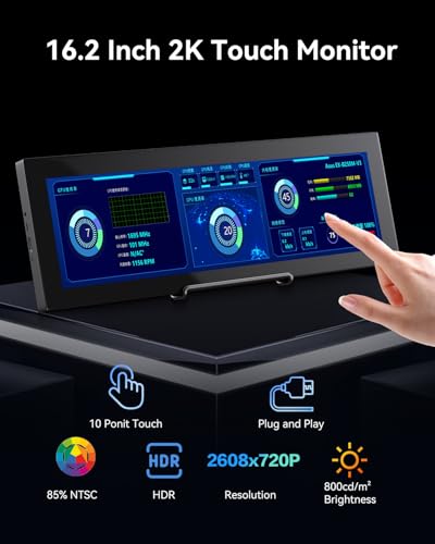Image of Prechen 16.2'' 2K QHD IPS 2608x720 Touchscreen Secondary Monitor, IPS Stretched Bar LCD Travel Touch Display HDMI USBC, Portable Touch Screen for Laptop Computer Windows Aida64 GPU CPU RAM Monitoring