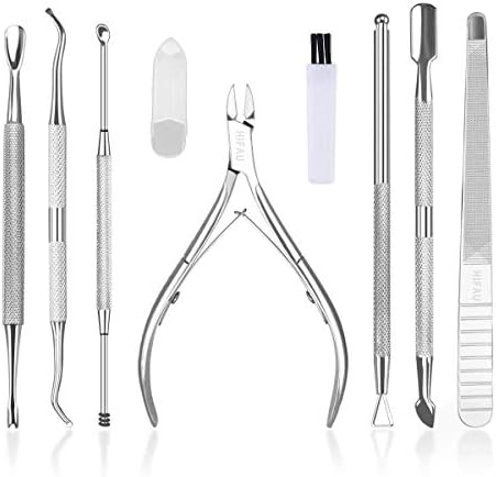 HIFAU 8PCS Premium Cuticle Nippers Pusher Manicure Tools Set, Professional Ingrown Toenail File, Cuticle Remover Trimmer Cutters Tool Gel Nail Art Kit, Stainless Steel, Travel, Gift