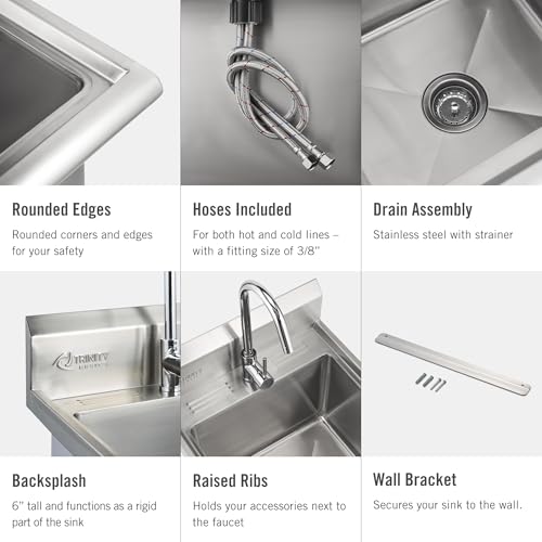 Image of TRINITY BASICS 21.5in Freestanding Stainless Steel Utility Sink, NSF Sink For Laundry Room, Garage, Shop, Kitchen Prep, Food Truck, Dog Wash, with Hot /Cold Pullout Chrome Faucet, 21.5 inch x 24 inch x 49.2 inch
