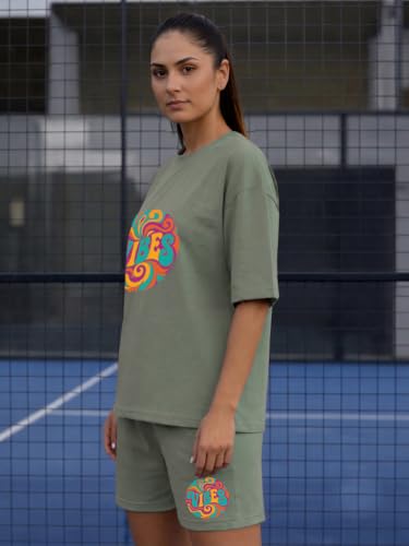 Image of CHKOKKO Cord Set for Women Cotton Blend Co-ord Set Stylish Graphic Printed Oversized T-Shirt Top Half Sleeves and Shorts Set Summer Coord Sets Casual Lounge Wear