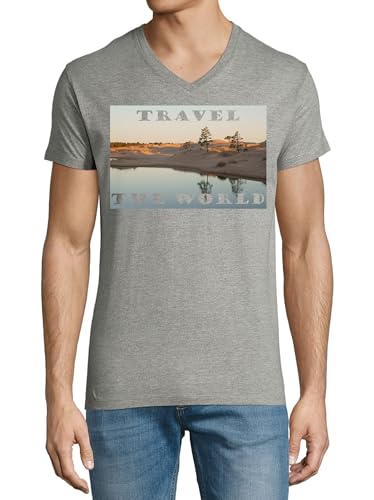 T-shirt voyage col en V coton gris homme pour les vacances à la plage