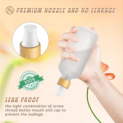 6 Pack 3.4 Oz White Frosted Glass Spray Bottle,Empty Perfume Fine Mist Atomizer,Natural Bamboo Pump Head Travel Liquid Holder Containers for Cologne,Essential Oils,Body Sprays-Funnel&Pipette Included4