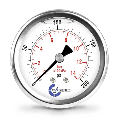 Image of 200 PSI Glycerin Liquid Filled Pressure Gauge, 2.5 inch Dial, 1 /4 NPT Back Mount, 304 Stainless Steel Case, Brass Wetted Parts, Dual Scale PSI /Bar - ASME B40.1 Grade A