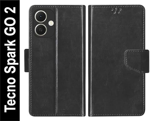 Image of SBMS Flip Cover for Tecno Spark GO 2 Back Cover Case with Magnatic Closure | Inbuilt Stand | Card & Money Pocket (Black)
