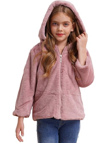 Jhaoyu Kids Girls Fleece Thermal Jacket Long Sleeve Hooded Zipper Coats Faux Fur Overcoats for Winter Warm Outerwear