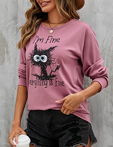 Joyjoy I'm Fine Everything Is Fine Cat Sweatshirt Women's Cute Long Sleeve Top Loose Crewneck Pullover Sweatshirt Pink #TOP3